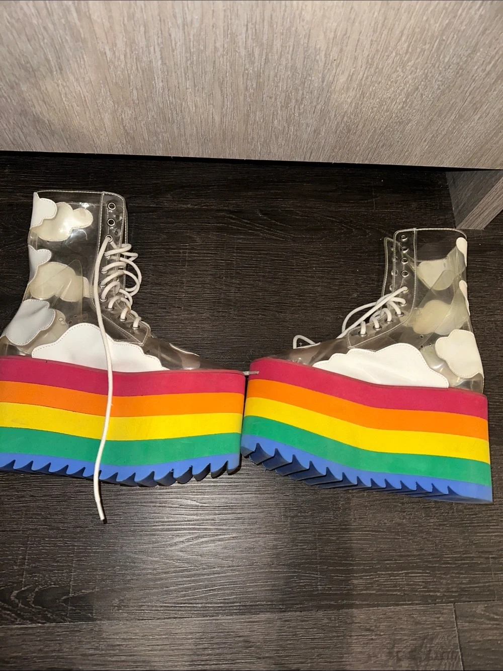 Current Mood Platform Lace-Up Boots - Clear Cloud Design with Rainbow Platform